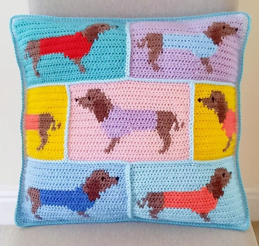 39 Dachshund Crochet Patterns to Stitch for Gifts, Decor, and Everyday Cuteness 31 Dachshund Crochet Cushion Cover Pattern: Intarsia Sausage