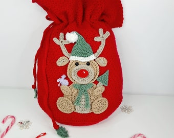 Crochet Christmas Reindeer Sack, Gift Bag, Reindeer Applique, Christmas Crochet PDF Pattern, Crochet Reindeer Applique Pattern