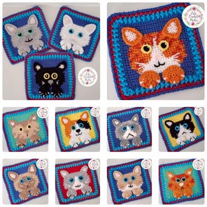 May include: A collection of square crochet patches featuring various cat faces with paws extending over the bottom edge. Each patch has a colorful border and displays a different feline design, including orange, grey, black, and calico patterns.