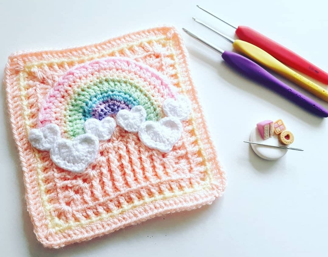 38 Crochet Square Patterns to Build Your Next Project 26 Rainbow Heart Clouds Crochet Square Pattern (Digital )