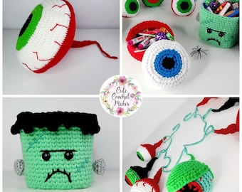 Halloween Crochet Pattern Bundle, Eyeball Cushion, Eyeball Garland, Eyeball Treat Basket, Frankenstein Treat Basket
