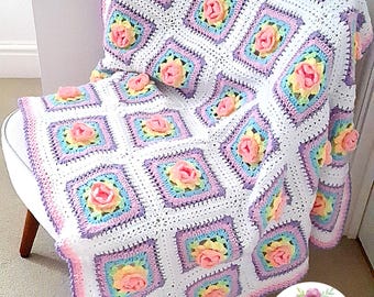 Rainbow Rose Crochet Blanket Pattern: Rose Granny Square PDF (Digital Download)