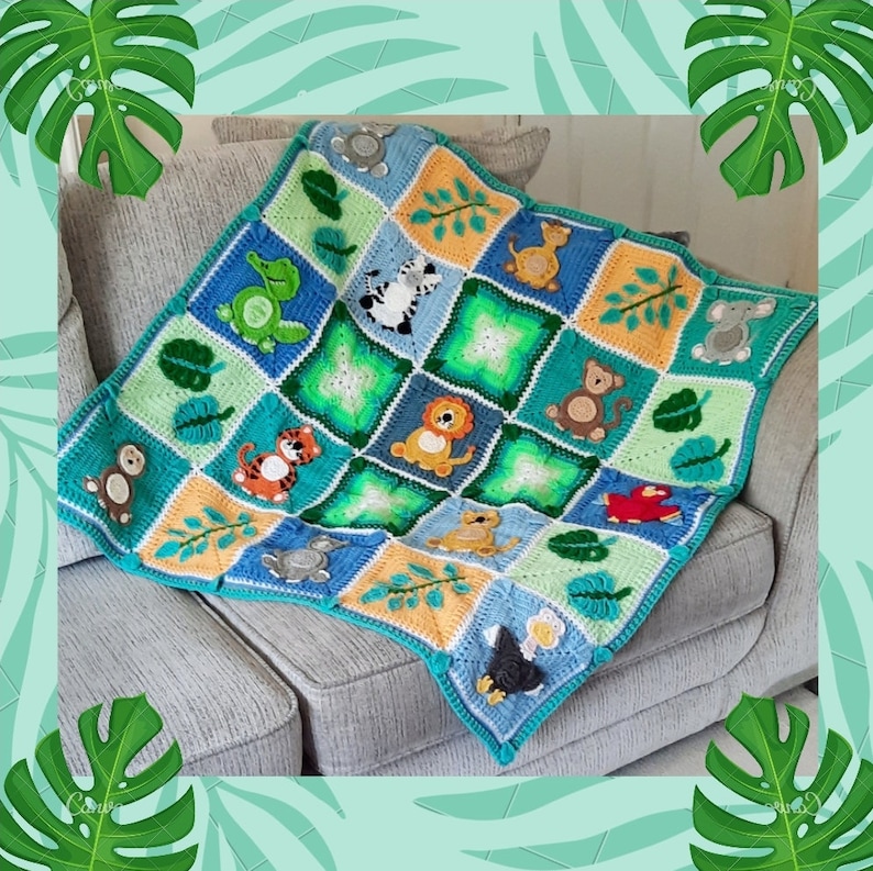 May include: A crocheted baby blanket with a jungle theme. The blanket features squares with different animals, including a lion, monkey, zebra, turtle, and elephant. The squares are surrounded by green leaves.