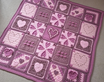 Bursting with Love Heart Crochet Blanket Pattern: Granny Square, Filet, Bobble Stitch (PDF Download)