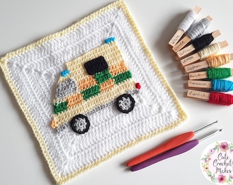 Crochet Ambulance applique DIGITAL PATTERN PDF, instant download, emblishment, scrapbooking, accessories, decor