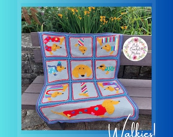 Walkies! Patroon gehaakte teckeldeken: intarsia worsthondvierkanten (pdf-patroon)