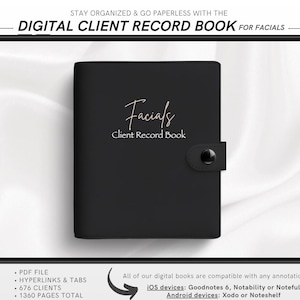 Könnte beinhalten: Ein schwarzes digitales Kundenbuch für Gesichtsbehandlungen, dargestellt auf einem Tablet. Der Buchumschlag trägt den Schriftzug "Facials Client Record Book" in goldener Schrift. Ein Stift befindet sich rechts. Text unten listet Funktionen und kompatible Apps auf.