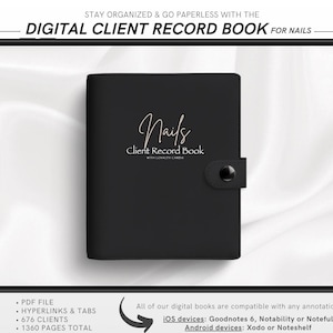 Peut inclure: Un livre de dossiers clients numérique noir pour les ongles, affiché sur une tablette. Le livre porte le mot "Nails" en écriture dorée. Un stylet est également présent. Le texte de l'image indique "Digital Client Record Book for Nails".