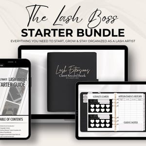 Puede incluir: The Lash Boss Starter Bundle, un conjunto digital para artistas de pestañas. Incluye un teléfono inteligente que muestra una guía de inicio, una tableta con tarjetas de fidelidad e historial de citas y un libro de registro de clientes negro. El texto dice: "Todo lo que necesitas para empezar, crecer y mantenerte organizado como artista de pestañas."