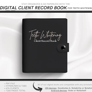 Puede incluir: Un libro digital negro para el registro de clientes de blanqueamiento dental, mostrado en una tableta. El libro tiene el título "Teeth Whitening Client Record Book" en escritura cursiva. Un lápiz óptico está a la derecha. La imagen incluye texto sobre las características.