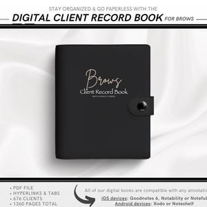 Pode incluir: Um livro digital preto para registos de clientes de sobrancelhas, exibido num tablet com uma caneta. A capa do livro apresenta a palavra "Brows" em escrita dourada. O texto no ecrã diz "Mantenha-se organizado e sem papel com o livro digital de registo de clientes para sobrancelhas."