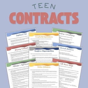 Könnte beinhalten: Eine Sammlung farbenfroher, druckbarer Teenager-Verträge zu verschiedenen Themen, darunter Substanzkonsum, Haushaltserwartungen und Online-Verhalten. Das Wort "CONTRACTS" steht in großen, roten Buchstaben, mit "TEEN" darüber in Grün.