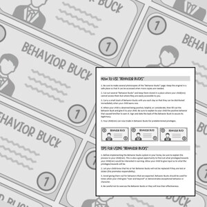 Puede incluir: Sistema de recompensa "Behavior Bucks" imprimible en blanco y negro para ni&ntilde;os. El imprimible incluye instrucciones sobre c&oacute;mo usar el sistema y consejos para implementarlo. El imprimible presenta una imagen de dibujos animados de un ni&ntilde;o.