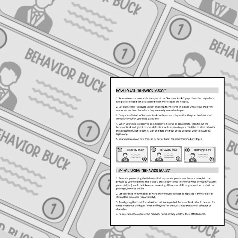Puede incluir: Sistema de recompensa "Behavior Bucks" imprimible en blanco y negro para ni&ntilde;os. El imprimible incluye instrucciones sobre c&oacute;mo usar el sistema y consejos para implementarlo. El imprimible presenta una imagen de dibujos animados de un ni&ntilde;o.