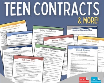 Teen Behavior Contracts | Contract for Teens | Cell Phone | Driving Contract | Dating Agreement | Household Rules | Family Agreement