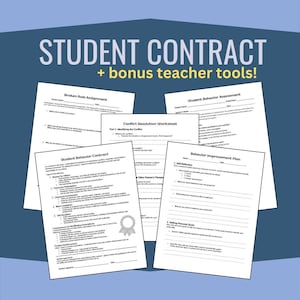 Könnte beinhalten: Ein Satz druckbarer Formulare für Schülerverträge und Verhaltensmanagement für Lehrer. Die Formulare umfassen einen Schüler-Verhaltensvertrag, eine Aufgabe für verletzte Regeln, eine Schüler-Verhaltensbewertung, ein Arbeitsblatt zur Konfliktlösung und einen Plan zur Verhaltensverbesserung.