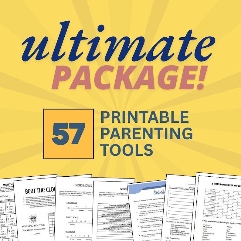 Puede incluir: Un fondo amarillo con el texto "ultimate PACKAGE!" en azul y rosa. Debajo del texto hay un cuadrado amarillo con el n&uacute;mero "57" en negro. Debajo del cuadrado est&aacute; el texto "PRINTABLE PARENTING TOOLS" en negro. La imagen tambi&eacute;n muestra una variedad de herramientas de crianza imprimibles, incluyendo un gr&aacute;fico "Beat the Clock", un gr&aacute;fico "Emotion Scales", un gr&aacute;fico "Weekly" y un gr&aacute;fico "Subject".