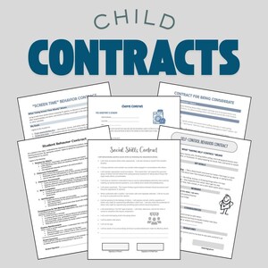 Könnte beinhalten: Eine Sammlung druckbarer Kinderverträge, darunter Verträge zu den Themen "Bildschirmzeit", "Hausarbeit" und "Soziale Kompetenzen". Die Verträge sind auf weißem Papier mit schwarzem Text und blauen Überschriften gedruckt. Das Wort "CHILD CONTRACTS" steht oben in großen blauen Buchstaben.