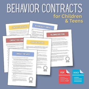May include: A collection of printable behavior contracts for children and teens, featuring titles like Contract for Respect, Responsibility Contract, Following Directions, Contract for School, Managing Emotions, and Contract for Safety, with PDF and DOCX icons.