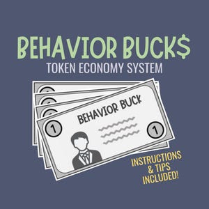 Puede incluir: Una pila de billetes de papel blanco y negro con las palabras "Behavior Buck" impresas en el frente. El texto "Token Economy System" está impreso encima del dinero. El texto "Instructions & Tips Included!" está impreso debajo del dinero.