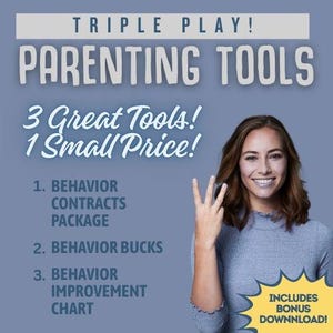 Könnte beinhalten: Ein digitales Erziehungsressourcen-Paket mit dem Text TRIPLE PLAY! PARENTING TOOLS, 3 Great Tools! 1 Small Price!, 1. BEHAVIOR CONTRACTS PACKAGE, 2. BEHAVIOR BUCKS, 3. BEHAVIOR IMPROVEMENT CHART und einem gelben Stern mit INCLUDES BONUS DOWNNLOAD!