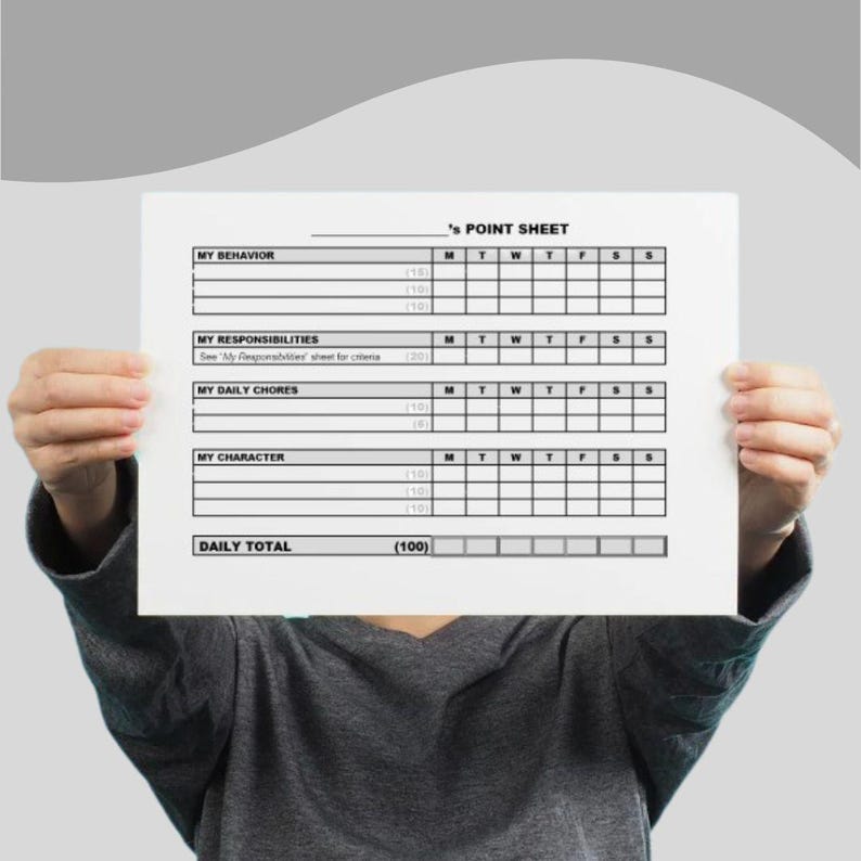 Puede incluir: Una hoja de puntos en blanco y negro con el t&iacute;tulo "'s POINT SHEET". La hoja est&aacute; dividida en cinco secciones: "MY BEHAVIOR", "MY RESPONSIBILITIES", "MY DAILY CHORES", "MY CHARACTER", y "DAILY TOTAL". Cada secci&oacute;n tiene una columna para cada d&iacute;a de la semana (de lunes a domingo) y un espacio para una puntuaci&oacute;n. La hoja est&aacute; dise&ntilde;ada para ayudar a las personas a hacer un seguimiento de su progreso en diferentes &aacute;reas de sus vidas.