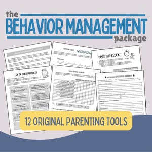 May include: A collection of 12 original parenting tools, including contracts, emotion scales, and agreements. The title "Behavior Management Package" is displayed in blue text, with the text "12 Original Parenting Tools" in a yellow banner.