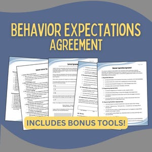 Puede incluir: Un conjunto de formularios imprimibles de contrato de comportamiento y acuerdo de expectativas para estudiantes. Los formularios incluyen secciones sobre comportamiento respetuoso, desacuerdo apropiado, expresión de emociones apropiada, tecnología y redes sociales, y acuerdo y compromiso. El texto "¡Incluye herramientas adicionales!" está impreso en rojo y blanco sobre un fondo azul.