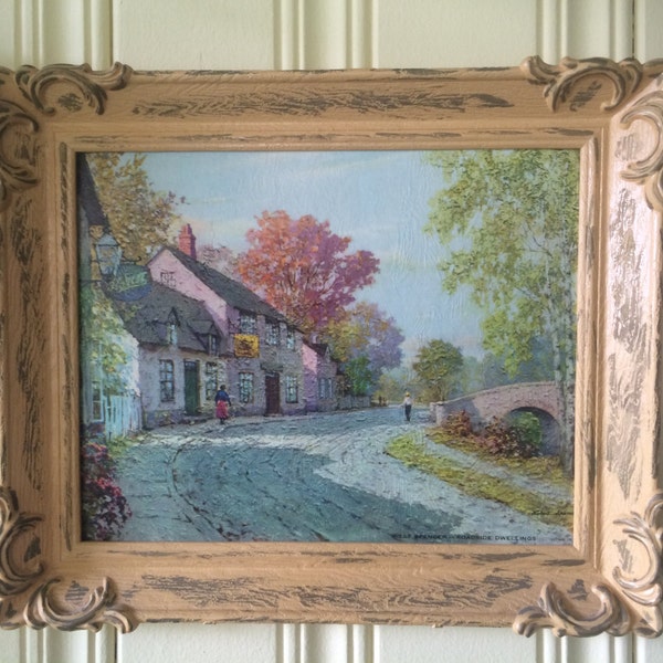 1950s Retro Wall Decor; Retro Lithograph in Gold Painted Plastic Frame; Unique Wall Decor; Retro Painting on Lithograph; Pretty Spring Day