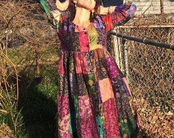 Silk, BoHo Dress; Silk, Quilted Pattern, Flowing Women's Dress; Festival Dress; One of a Kind, Silk Dress; 90's Vintage w/tags Silk Dress