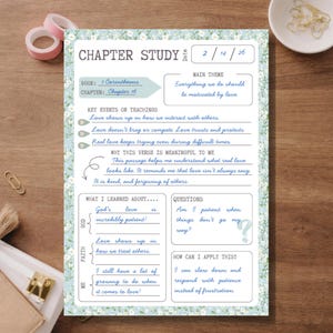 Puede incluir: Una hoja de trabajo de Estudio del Capítulo con borde floral, centrada en 1 Corintios Capítulo 16. Los temas clave incluyen el amor, la paciencia y el perdón. Incluye espacio para la reflexión y la aplicación personal.