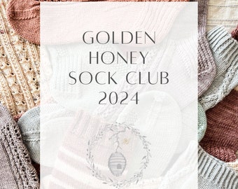 Peut inclure: Gros plan sur une collection de chaussettes tricotées colorées avec un texte blanc superposé qui dit "Golden Honey Sock Club 2024" et "Five Whimsical Knitting Patterns for Romantics".