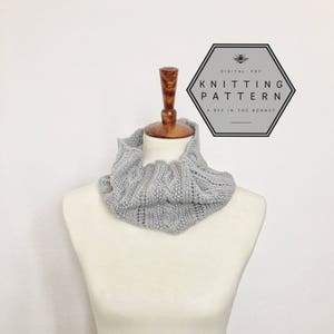 May include: A light gray knitted cowl displayed on a mannequin. The cowl has a textured pattern and a ruffled edge. A wooden neck form supports the cowl. A digital PDF knitting pattern graphic is in the background.