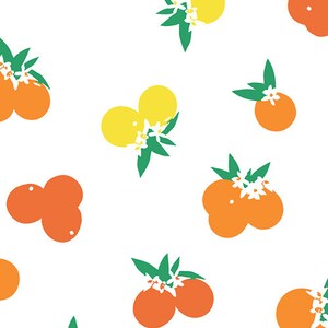 May include: A white fabric pattern featuring repeating illustrations of bright orange and yellow citrus fruits. Each fruit cluster includes small green leaves and white blossoms, creating a vibrant, repeating botanical design across the surface.