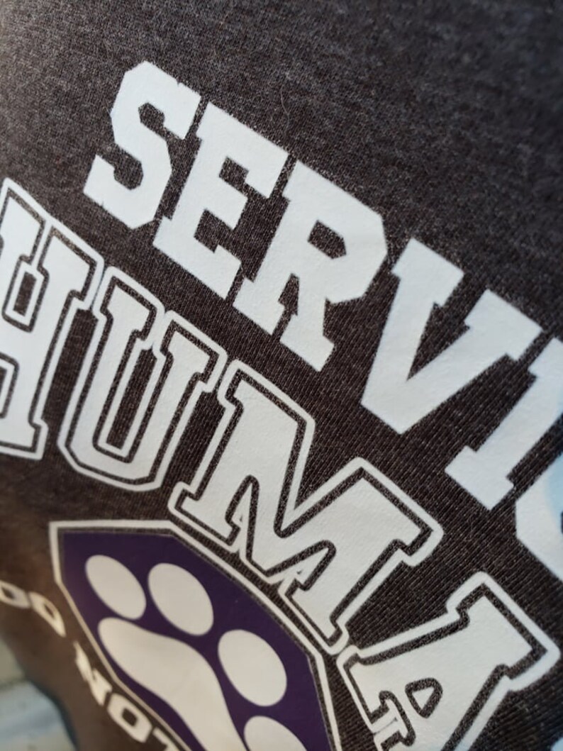 May include: A brown t-shirt with white text that reads "SERVICE HUMANITY" with a purple paw print below the text.