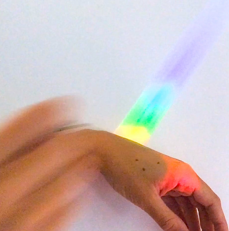 May include: A hand with a rainbow light effect. The light transitions from yellow to green, blue, and purple. The hand is in the foreground, with a white background.