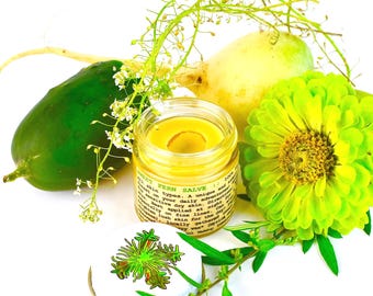 May include: A small glass jar of Sweet Fern Salve with a yellow balm inside, accompanied by a white lid featuring a green fern illustration. The jar is surrounded by a green cucumber, a pale root vegetable, and a bright lime green zinnia flower.