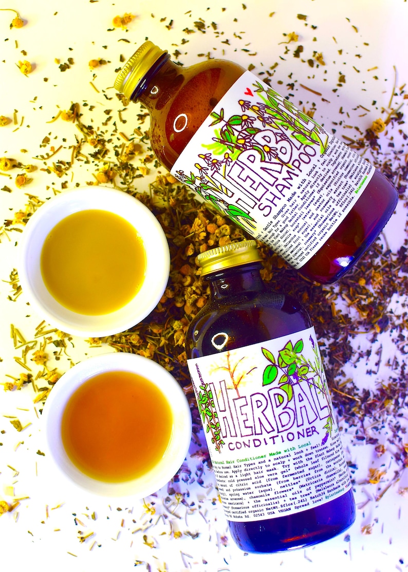 May include: Two glass bottles of herbal shampoo and conditioner with green and purple labels. The bottles are sitting on a white surface with dried herbs scattered around them.