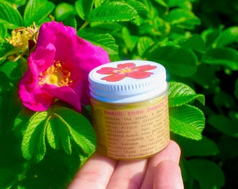 Bálsamo de belleza Rosa de Playa. Hidratante botánico para rostro y cuerpo, cuidado de la piel ultra natural a base de plantas.
