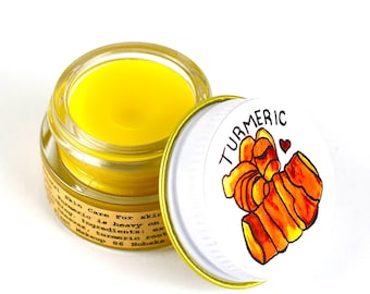 Bálsamo de cúrcuma. Cuidado de la piel hidratante totalmente natural a base de hierbas, maquillaje de plantas amarillas.