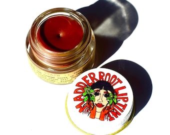 Tinte labial Madder Root. Bálsamo labial con tinte rojo de maquillaje botánico.