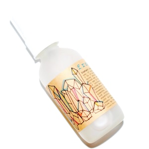 Op de afbeelding: Een spuitfles van matglas met een witte pomp. Het etiket toont het woord "fro" in blauw en een kleurrijk geometrisch kristalontwerp. De fles bevat een vloeibare spray.