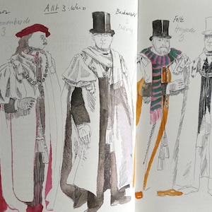 May include: A watercolour illustration depicting four figures in historical costumes. The figures are wearing long coats, hats, and scarves. The image includes text such as "AKt3 Schwarz", "Van Creens bezde", "Allt 3: Wein", "Beckman", "Folte", "Heyndu", and "Solistas".