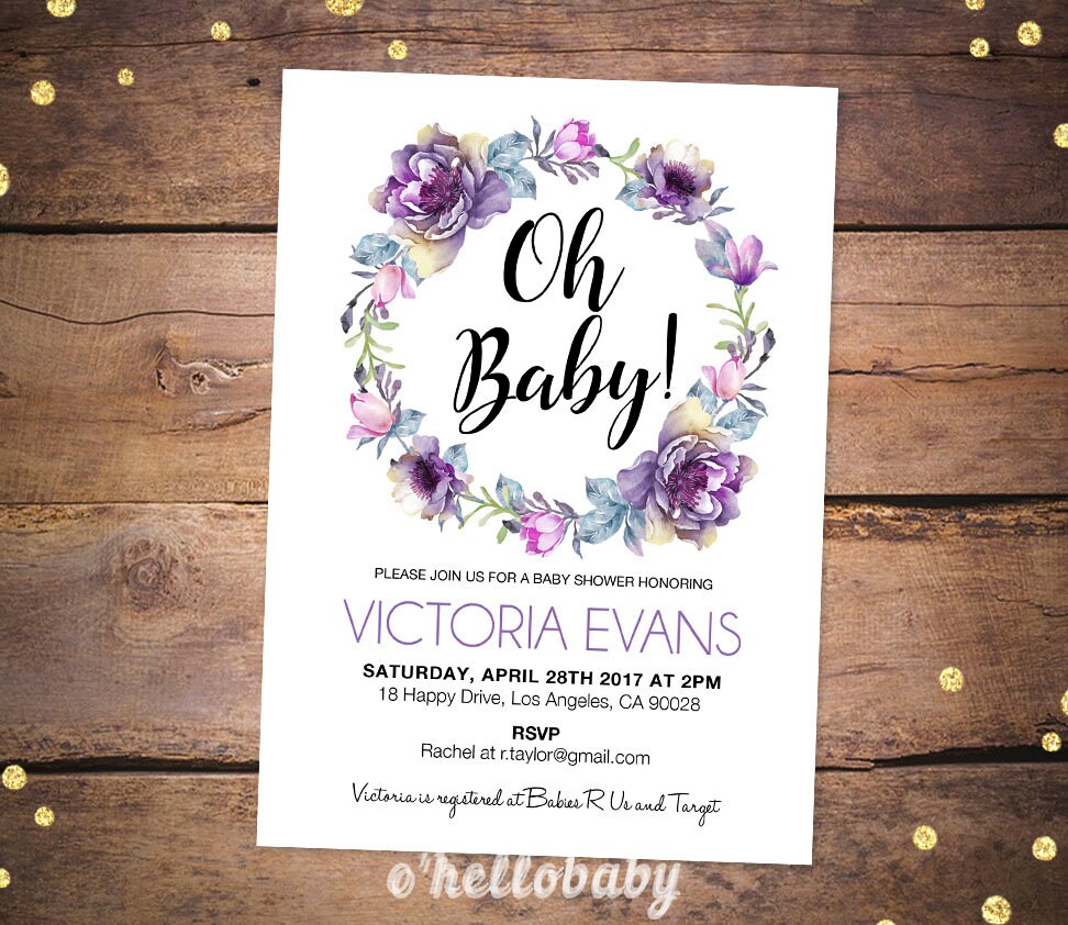 Printable Purple Baby Shower Invitation Cards Purple Floral Etsy