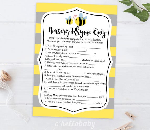 Nursery Rhyme Quiz 1 Yellow Bumble Bee Baby Shower Games | Etsy Nursery Rhyme Quiz 1 Yellow Bumble Bee Baby Shower Games | Etsy