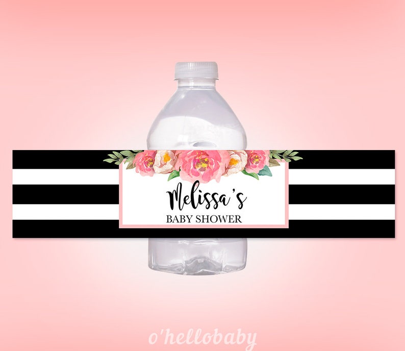 Printable Baby Shower Water Bottle Labels Baby Shower Water Bottle Labels 014 Black White Pink Floral Water Bottle Labels