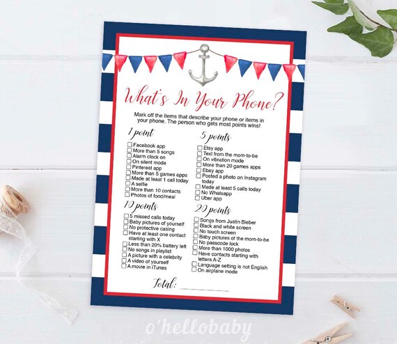 Whats In Your Phone Game - Nautical Printable Baby Shower Games