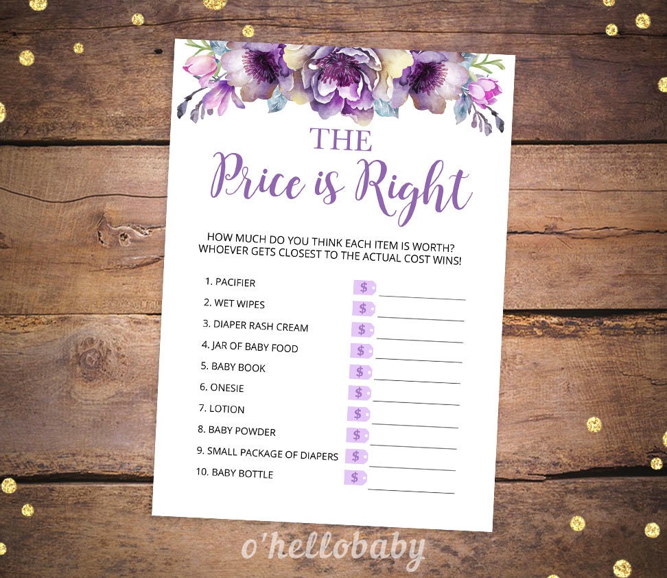 Purple Purple Baby Shower Games Printable NBP1 Shower Game Predictions For Baby The Price is Right Floral Baby Shower Games Floral