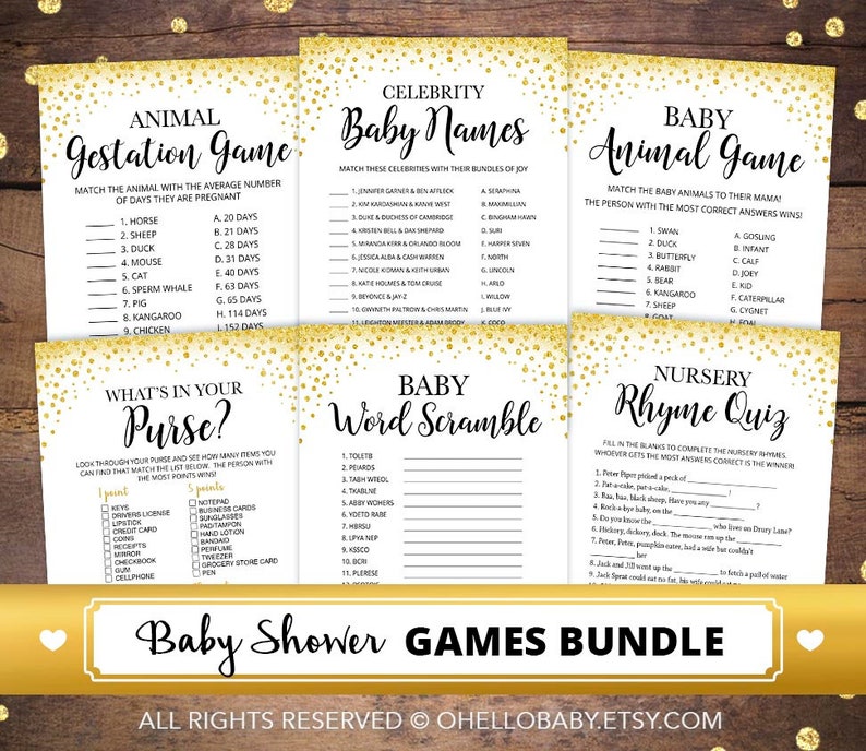 Gold Confetti Baby Shower Games 016 Printable Gold Baby Shower Games Bundle Printable Baby Shower Games Package