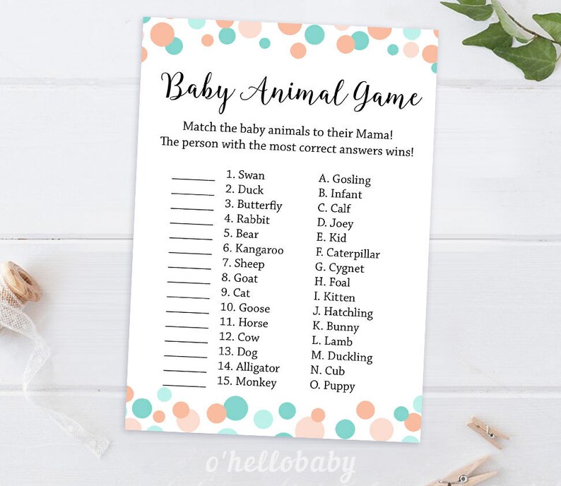 Baby Animal Names Baby Shower Game Mint Baby Shower Party Etsy